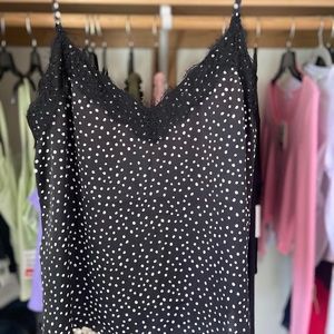 Polka dot silk tank top with black lace edge